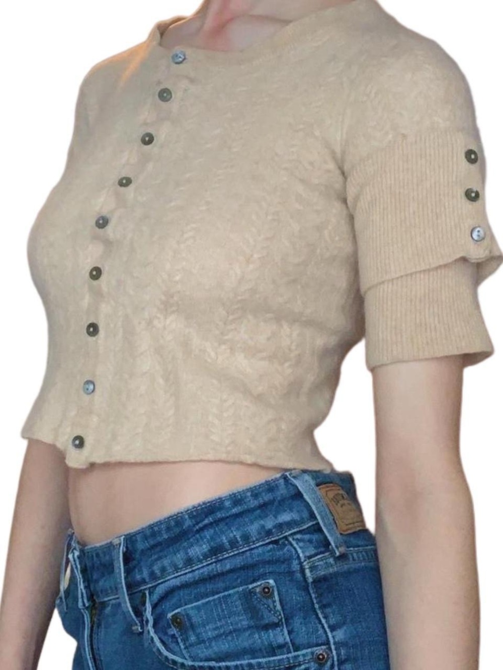 Vintage Short-Sleeve Cable Knit Button-Front Cashmere Cardigan - Cream